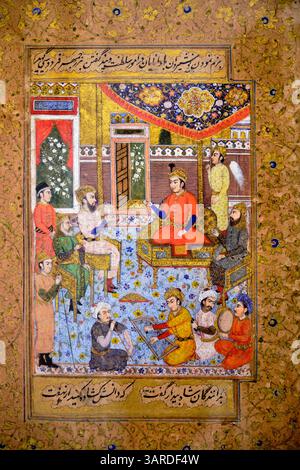India, Tamil Nadu, Chennai (Madras), Museo del governo di Chennai, Re Nasheran parla di Firdauzi, Tempera, Mughal Foto Stock