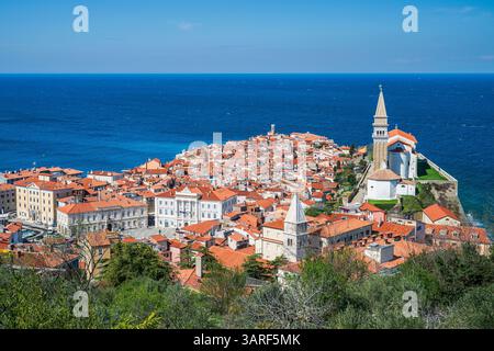 Vista panoramica di Pirano, Slovenia Foto Stock