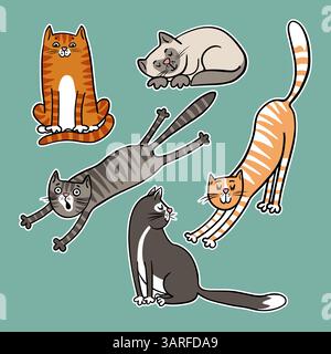 Set di adesivi vettoriali di divertenti gatti in stile doodle, disegnati a mano con espressioni giocose e pose stravaganti, perfetti per progetti creativi divertenti. Illustrazione vettoriale Illustrazione Vettoriale