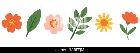Set di fiori e foglie piane. Colori estivi, fiori carini per motivi e tessuti. Illustrazione Vettoriale