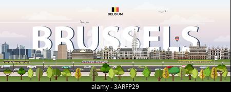 Illustrazione vettoriale colorata del paesaggio urbano di Bruxelles con il nome della grande città sullo sfondo. Poster di tendenza per i viaggi Illustrazione Vettoriale