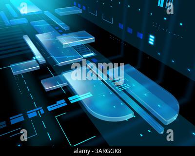 Sfondo ad alta tecnologia con alcune forme geometriche trasparenti che volano in un tunnel. Illustrazione digitale. Foto Stock