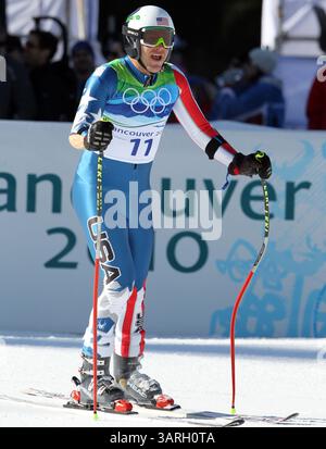 18 febbraio 2010 - Whistler, BC, Canada - WHISTLER, BC: 19 FEBBRAIO, 2010 -- Bode Miller degli Stati Uniti reagisce dopo il Super-G maschile 19 febbraio 2010 a Whistler, BC durante le Olimpiadi invernali del 2010. (Jean Levac / Canwest News Service). CNS-OLY-SKI (immagine di credito: © CanWest/ZUMApress.com) Foto Stock