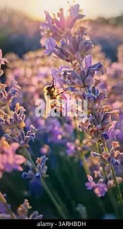 Closeup bee raccoglie il nettare dai fiori di lavanda in fiore. L'ape di miele preleva il polline dai fiori viola in un campo di lavandula al tramonto. Bella summe Foto Stock