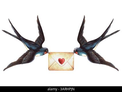 Busta d'amore per San Valentino con cuore in stile vintage. Illustrazione ad acquerello con lettera romantica. Perfetto per cartoline Foto Stock