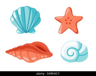 Conchiglie turchesi, blu e rosse e stelle marine rosse. Illustrazioni vettoriali isolate su sfondo bianco Illustrazione Vettoriale
