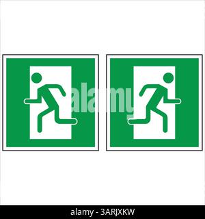 Due segnali di uscita di emergenza verdi standard con una persona che corre sono visualizzati su uno sfondo bianco, che indicano le vie di fuga Illustrazione Vettoriale