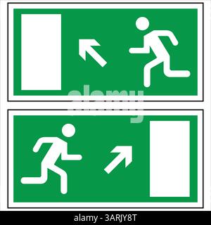 Segnali di uscita di emergenza con un uomo che corre e una freccia che indica la via di fuga Illustrazione Vettoriale