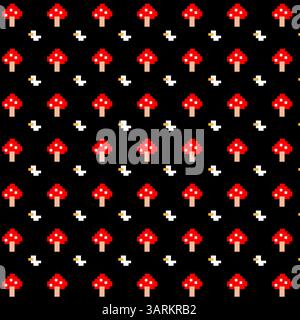 Pixel art con funghi rossi e anatre su sfondo nero Illustrazione Vettoriale