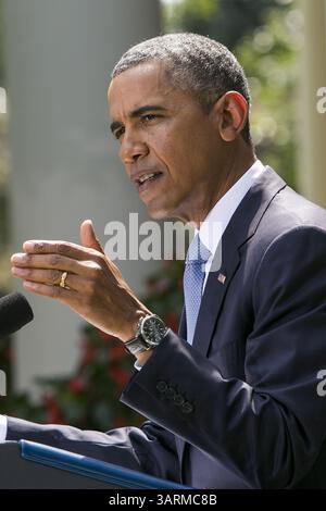1 settembre 2013 - Washington, District of Columbia, U. S - il presidente degli Stati Uniti Barack Obama rilascia una dichiarazione sulla Siria al Rose Garden della Casa Bianca a Washington, D.C. il 31 agosto 2013. (Immagine di credito: © Prensa Internacional/ZUMAPRESS.com) Foto Stock