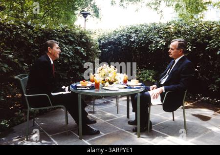 Circa 1980; Washington, DC, USA; (data esatta sconosciuta): 40° presidente degli Stati Uniti (1981-89) REAGAN, RONALD pranzando con GEORGE BUSH (immagine di credito in verde Casa Bianca. Michael Evans/ZUMAPRESS.com) Foto Stock