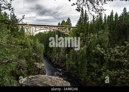Questo ponte ferroviario mozzafiato attraversa il fiume Ämån, annidato nei lussureggianti e verdi paesaggi del Deep Canyon Storstupet a Orsa in Svezia. Foto Stock