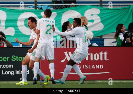 20 ottobre 2013 - Hempstead, New York, STATI UNITI - l'attaccante dei New York Cosmos ALESSANDRO NOSELLI (22) celebra il suo gol nel secondo tempo contro l'FC Edmonton allo stadio James R Shuart. La partita terminò con un pareggio di 1-1. (Immagine di credito: © Anthony Gruppuso/Independent Image/ZUMAPRESS.com) Foto Stock