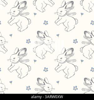 Motivo senza cuciture con coniglietti disegnati a mano e delicati fiori blu, perfetto per tessuti per neonati, decorazioni per vivai e design primaverili Illustrazione Vettoriale