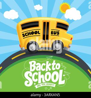 Design della clipart dello scuolabus. Clip art di testo di saluto Back to School con elementi di servizio scuolabus per bambini in un vettore di sfondo del concetto di cielo blu Illustrazione Vettoriale
