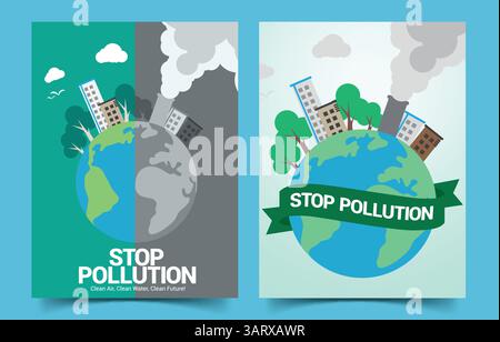 Fermare il set di poster della clipart della segnaletica di inquinamento. Collezione di clip per il cambiamento climatico ambientale della Terra per la campagna poster sull'inquinamento atmosferico, idrico e dei rifiuti Illustrazione Vettoriale