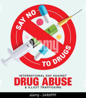 Clipart del poster sull'abuso di droga. Dite no al segnale di avvertimento del disegno di droga per la campagna internazionale fermare il traffico illegale immagine vettoriale Illustrazione Vettoriale