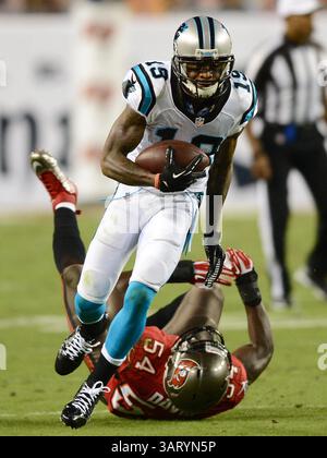 24 ottobre 2013 - Tampa, FL, USA - il wide receiver dei Carolina Panthers Ted Ginn Jr. Si libera da un tentativo di tackle da parte di Lavonte David dei Tampa Bay Buccaneers durante il secondo quarto al Raymond James Stadium di Tampa, Florida, giovedì 24 ottobre 2013. (Immagine di credito: © Jeff Siner/MCT/ZUMAPRESS.com) Foto Stock