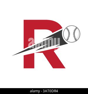 Lettera iniziale R Logo Baseball con simbolo di velocità. Logo baseball per Academy and Club Sign Illustrazione Vettoriale