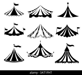 Set vettoriale di tettoie vintage da circo con bandiere isolate dallo sfondo. Collezione monocromatica di tendone di carnevale housetop cl Illustrazione Vettoriale