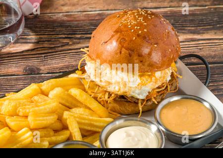 Hamburger con patate croccanti servito con patatine fritte e salse Foto Stock