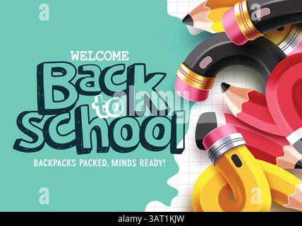 Bentornato alla progettazione del modello clipart scolastico. Testo di ritorno a scuola con colorate matite elementi didattici che scrivono forniture clip art in verde Illustrazione Vettoriale