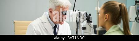 Anziano medico maschile che indossa camice di laboratorio che esamina gli occhi delle donne giovani utilizzando il dispositivo specializzato per l'esame degli occhi in studio medico Foto Stock