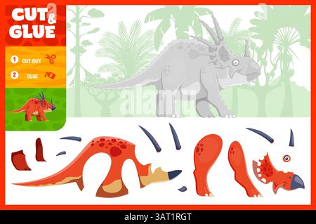 Taglia e incolla dinosauro preistorico, foglio di lavoro per bambini. Attività didattica in età prescolare gioco a quiz con puzzle vettoriale con attività logica di cut-out, match e glu Illustrazione Vettoriale