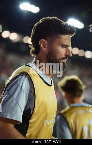 9 aprile 2025 l'attaccante del LAFC Olivier Giroud (9) scalda una partita della CONCACAF Champions Cup allo stadio Chase. Credito: Jose Luis Suerte Foto Stock