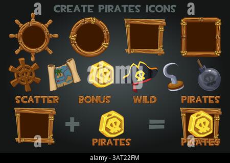 Imposta per creare icone piratate e cornici in legno per slot game. Simboli slot pirata: Cappello, moneta, mappa del tesoro, gancio pirata, timone di legno e bomba Illustrazione Vettoriale