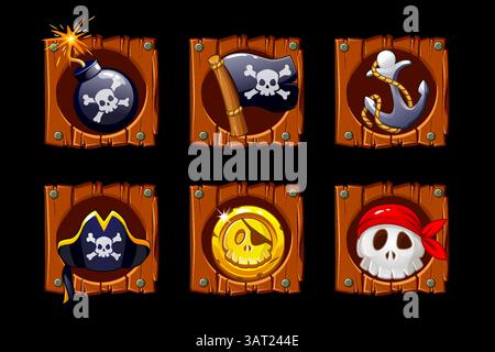 Simboli dei pirati: Bomba, ancora, cranio, bandiera, cappello e moneta. Set di icone dei cartoni animati pirati per i tuoi giochi o slot machine Illustrazione Vettoriale