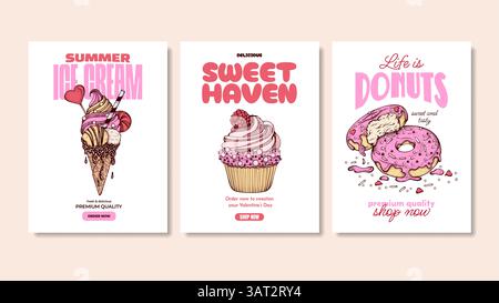 Dessert estivi rosa modelli di T-shirt tipografica, schizzo di gelato, ciambelle rosa e muffin o poster disegnati a mano retro per caffè Illustrazione Vettoriale