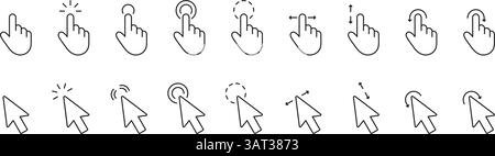 Set di icone cursore e linea puntatore. Fare clic su e Gesture Outline Symbol Collection. Tratto modificabile. Illustrazione del vettore isolato Illustrazione Vettoriale