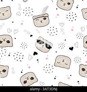 Simpatico gattino con motivo senza cuciture a punti e cuori Illustrazione Vettoriale