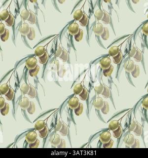 Motivo floreale toscano senza cuciture con rami di olive acquerelli. Sfondo verde estivo pastello con tradizionale albero greco e frutta Foto Stock