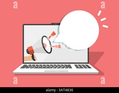 Icona di notifica del notebook in stile piatto. Illustrazione vettoriale del computer su sfondo isolato. Il megafono segnala il concetto di business. Illustrazione Vettoriale