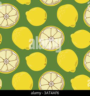 Illustrazione con un motivo ricorrente di limoni gialli e fette di limone su sfondo verde, che simboleggia la freschezza e l'estetica naturale. Illustrazione Vettoriale