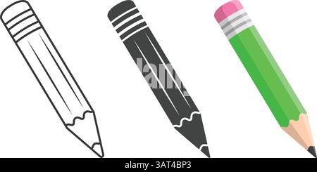 Collezione di icone a matita in stile piatto. Illustrazione vettoriale di Office Supplies su sfondo isolato. Firma di un concetto di business. Illustrazione Vettoriale