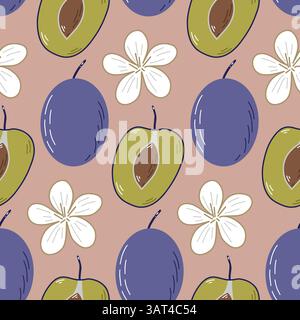 Motivo senza cuciture con prugne colorate e illustrazioni floreali Illustrazione Vettoriale