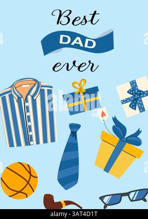 Il design della tessera per il giorno del papà con regali e accessori: Il tema migliore per il papà di sempre. Illustrazione Vettoriale