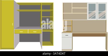 Selezione di varie scrivanie in legno per uso domestico o in ufficio. Collezione di scrivanie per animazioni di cartoni animati Illustrazione Vettoriale