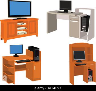 Set di Una scrivania per computer con monitor, mouse e tastiera Illustrazione Vettoriale