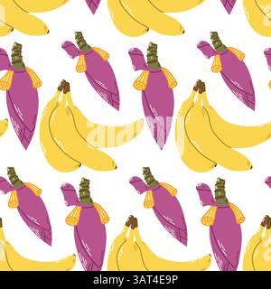 Colorato motivo senza cuciture con banane e fiori di banana su sfondo bianco Illustrazione Vettoriale