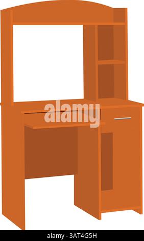 Illustrazione vettoriale della tabella di studio in legno isolata su bianco a scopo di studio o desktop. Scrivania per computer in legno con ripiani e ripostiglio Illustrazione Vettoriale