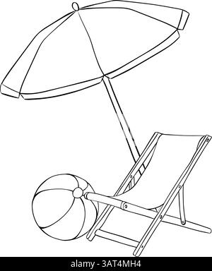 Ombrellone, sedia, composizione palla. Illustrazione dell'inchiostro con linee grafiche vettoriali. illustrazione di oggetti e giocattoli per confezioni, design per vacanze, tessuti e. Illustrazione Vettoriale
