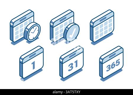 vettore isometrico imposta calendari icone lineari, a colori su sfondo bianco, ora o giorno lavorativo Illustrazione Vettoriale
