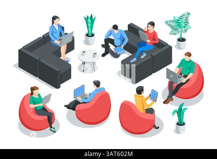 set vettoriale isometrico di persone sedute su sedie beanbag e su divani con computer portatili e tablet, a colori su sfondo bianco, impiegati in ufficio o da remoto Illustrazione Vettoriale