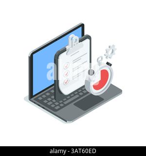 notebook vettoriale isometrico con tablet e cronometro, a colori su sfondo bianco, supera il test del tempo Illustrazione Vettoriale