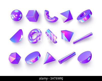 Set di primitive di rendering 3D. Sfera 3d realistica, toro, cono, cubo, tubo. Forme geometriche olografiche lucide isolate su sfondo bianco. Iridescen Illustrazione Vettoriale