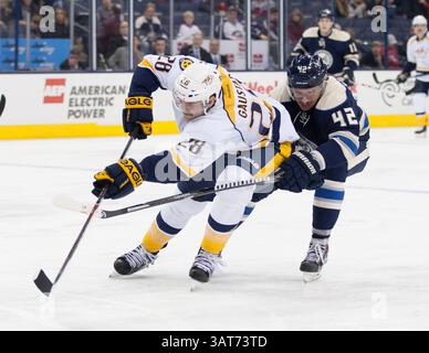 27 novembre 2013 - Columbus, OH, Stati Uniti d'America - il centro dei Nashville Predators Paul Gaustad (28) si batte contro il centro dei Columbus Blue Jackets Artem Anisimov (42) per il puck nel secondo periodo della partita NHL tra i Nashville Predators e i Columbus Blue Jackets alla Nationwide Arena di Columbus, OHIO. (Immagine di credito: © Aaron Doster/Cal Sport Media/Cal Sport Media/ZUMAPRESS.com) Foto Stock